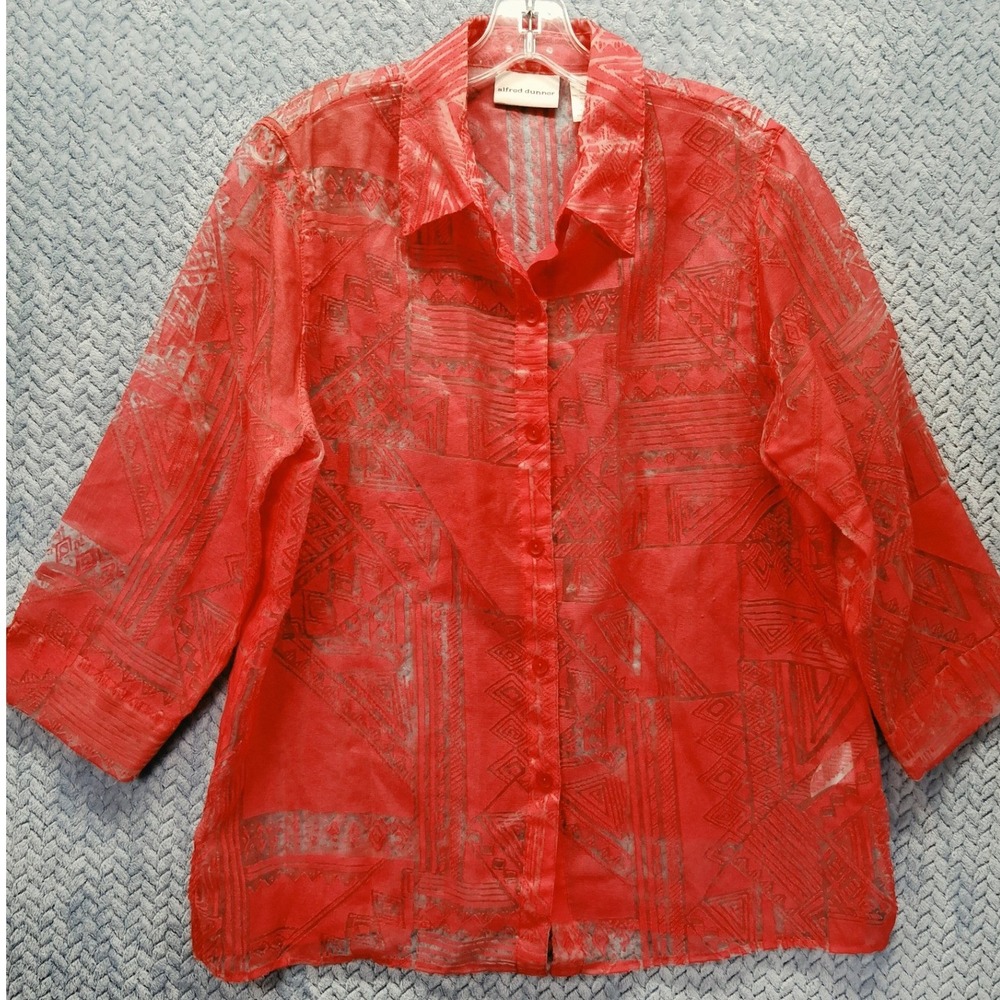 Alfred Dunner Red Sheer Geometric Burnout Button Down Blouse Top Size 14